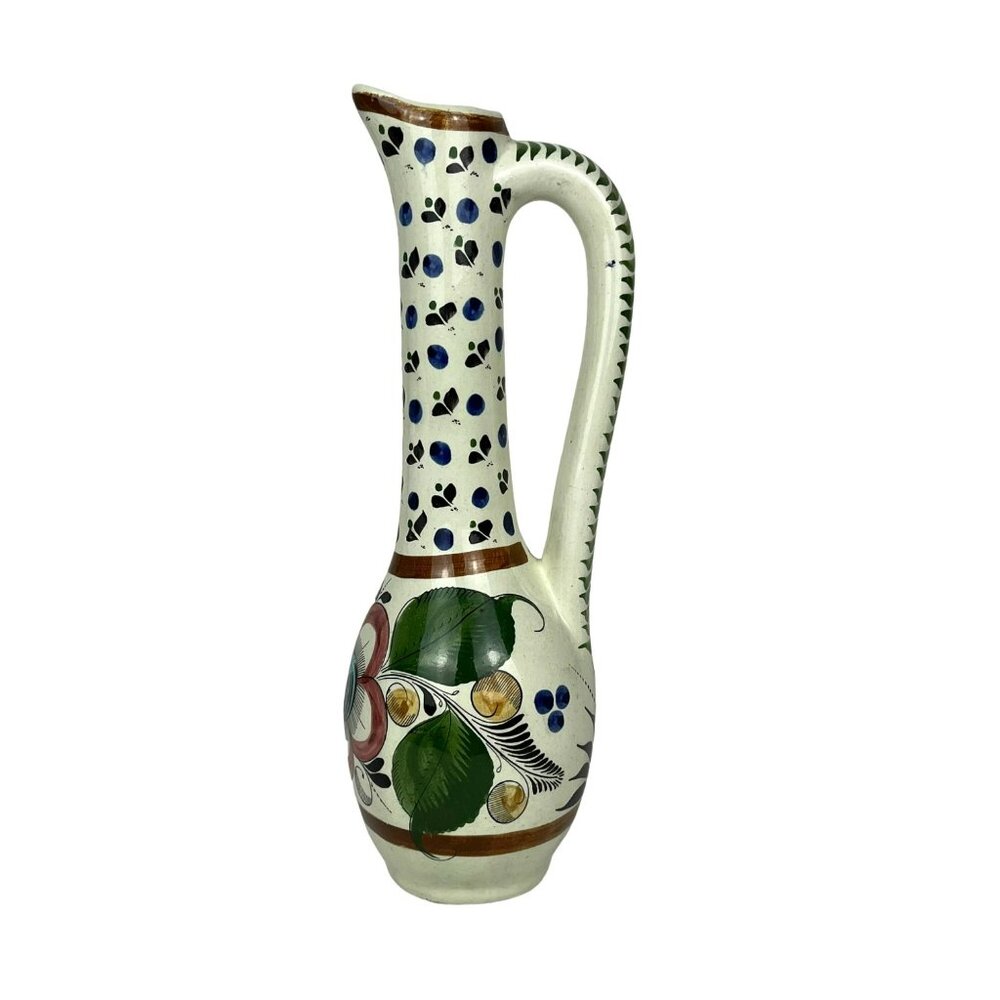 Mexican Folk Art Pottery Hand-Painted Thin Tall Vase Pitcher Floral 11-1/2"